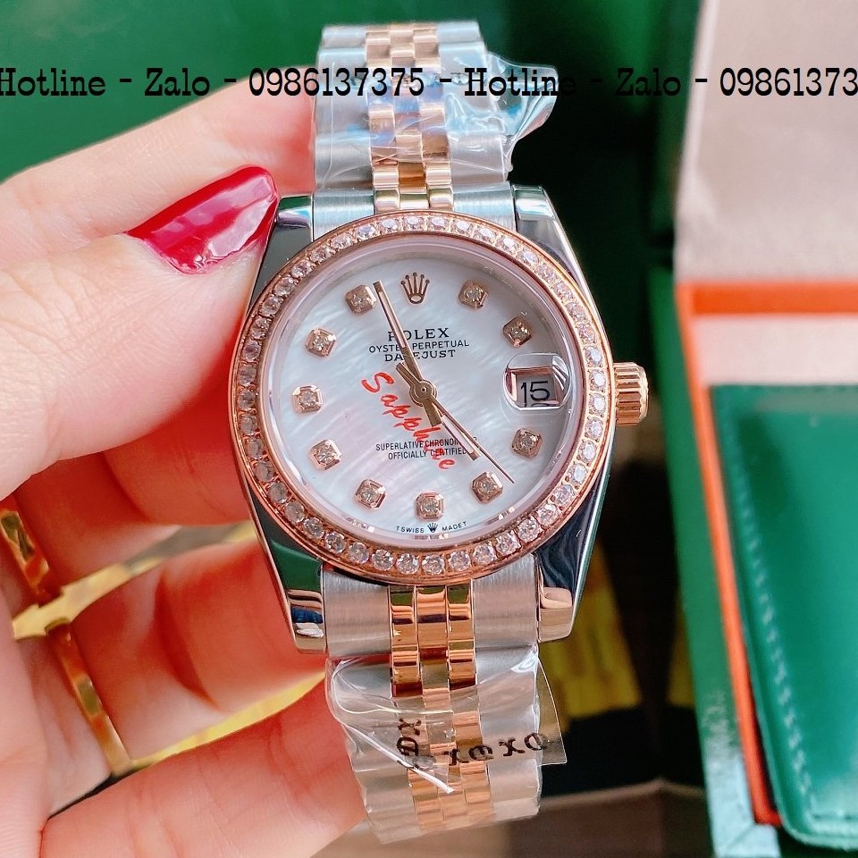 Đồng Hồ Nữ Rolex Viền Đá Dây Demi Mặt Trắng Ngọc 32mm