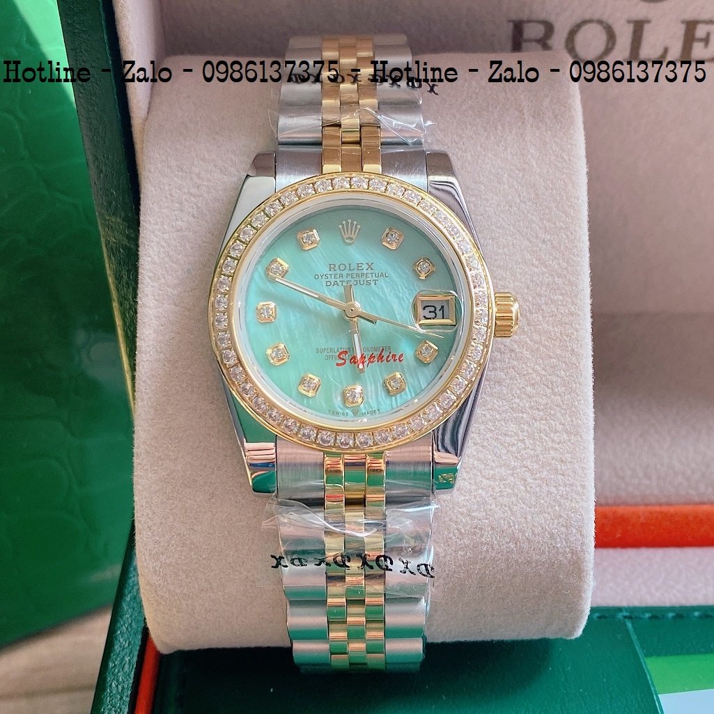 Đồng Hồ Nữ Rolex Viền Đá Dây Demi Mặt Xanh Ngọc 32mm