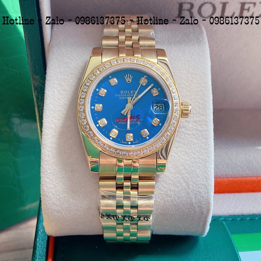 Đồng Hồ Nữ Rolex Viền Đá Dây Vàng Mặt Blue 32mm