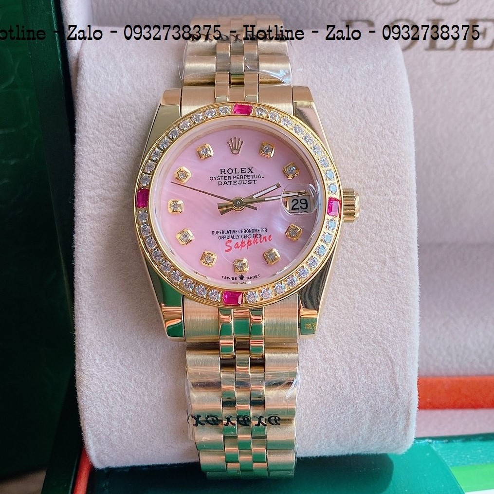 Đồng Hồ Nữ Rolex Viền Đá Dây Vàng Mặt Hồng Ngọc 32mm