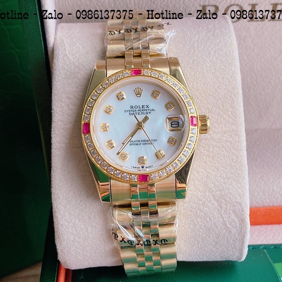 Đồng Hồ Nữ Rolex Viền Đá Dây Vàng Mặt Trắng Ngọc 32mm