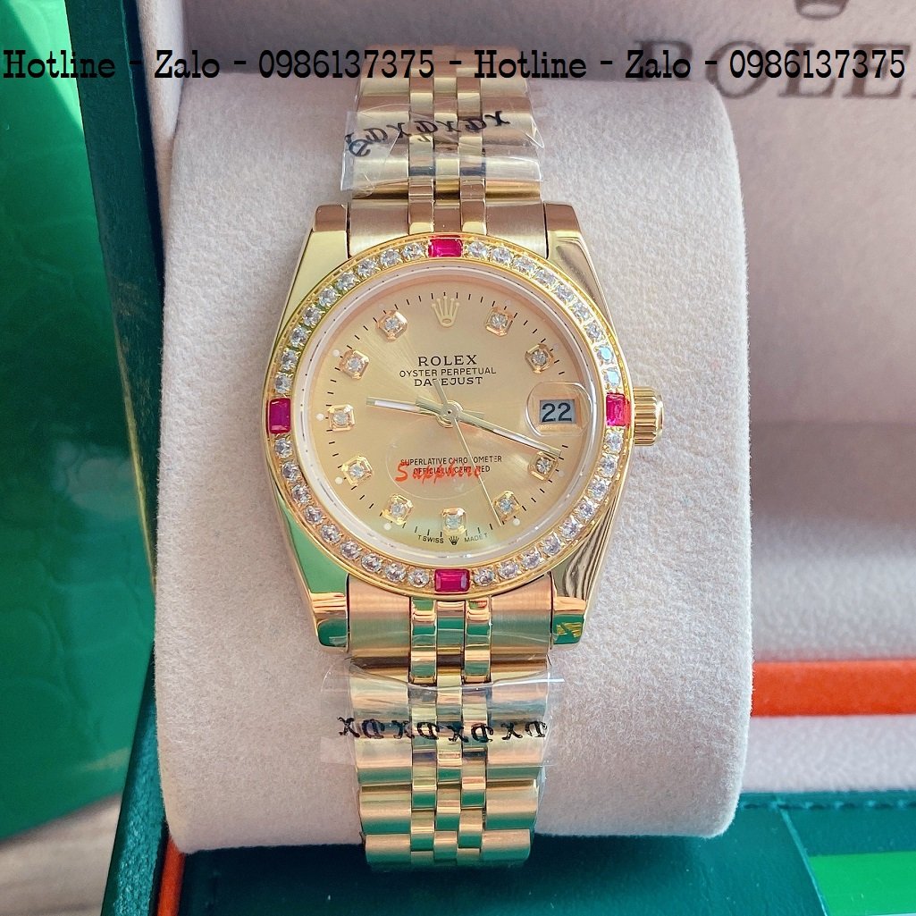 Đồng Hồ Nữ Rolex Viền Đá Dây Vàng Mặt Vàng 32mm