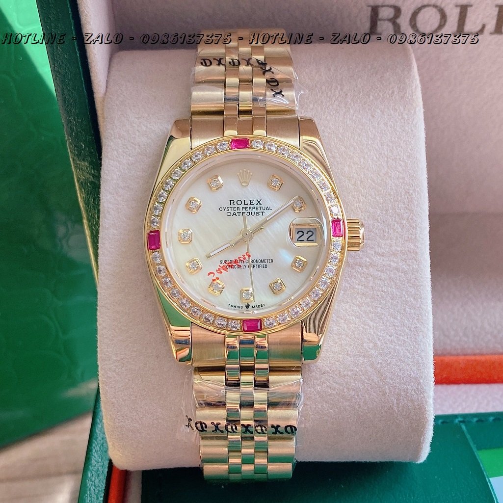 Đồng Hồ Nữ Rolex Viền Đá Dây Vàng Mặt Vàng Ngọc 32mm