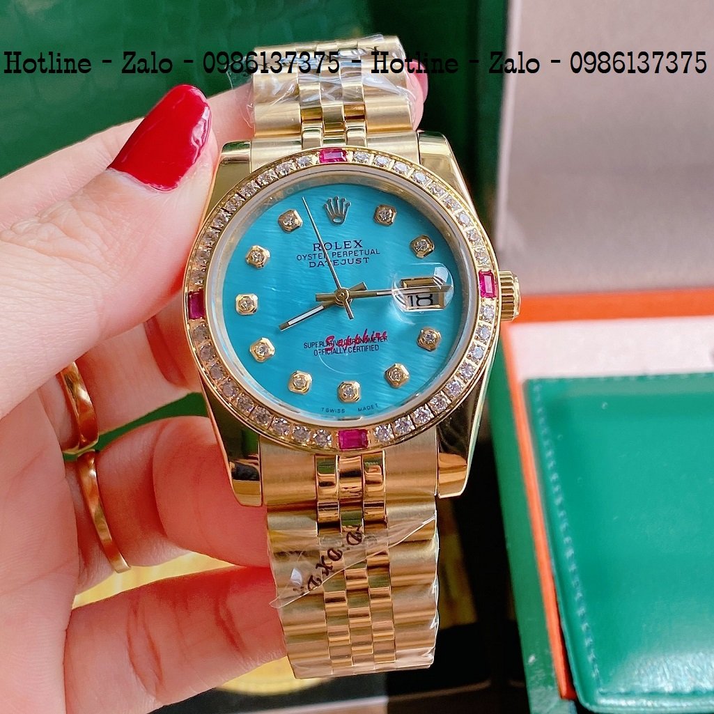 Đồng Hồ Nữ Rolex Viền Đá Dây Vàng Mặt Xanh Ngọc 32mm