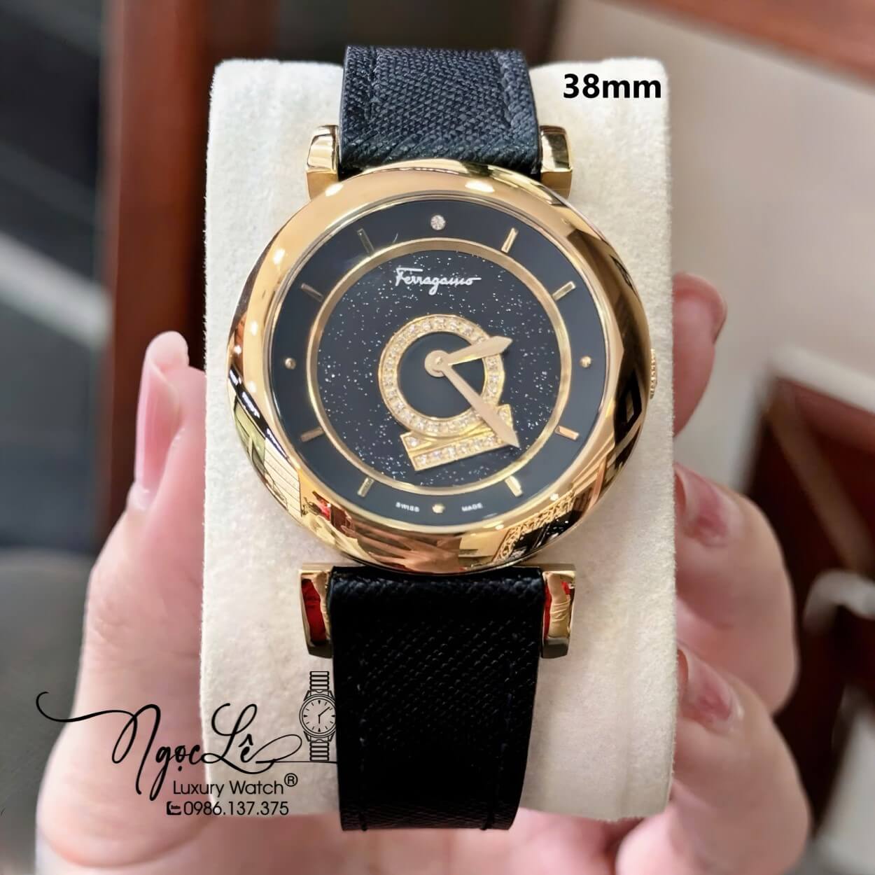 Đồng Hồ Nữ Salvatore Ferragamo Minuetto Dây Da Đen Vỏ Vàng Size 36mm