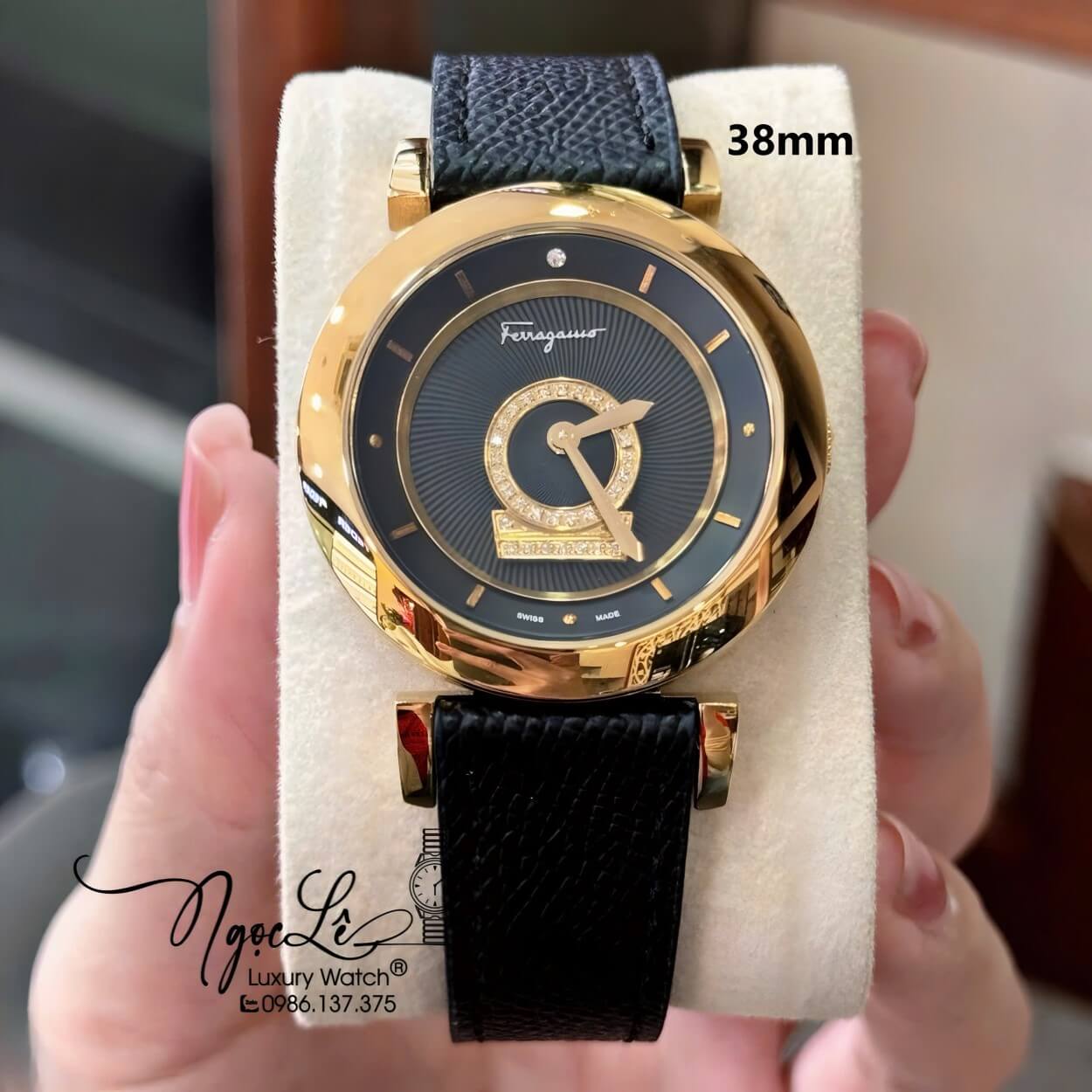 Đồng Hồ Nữ Salvatore Ferragamo Minuetto Dây Da Đen Vỏ Vàng Size 36mm