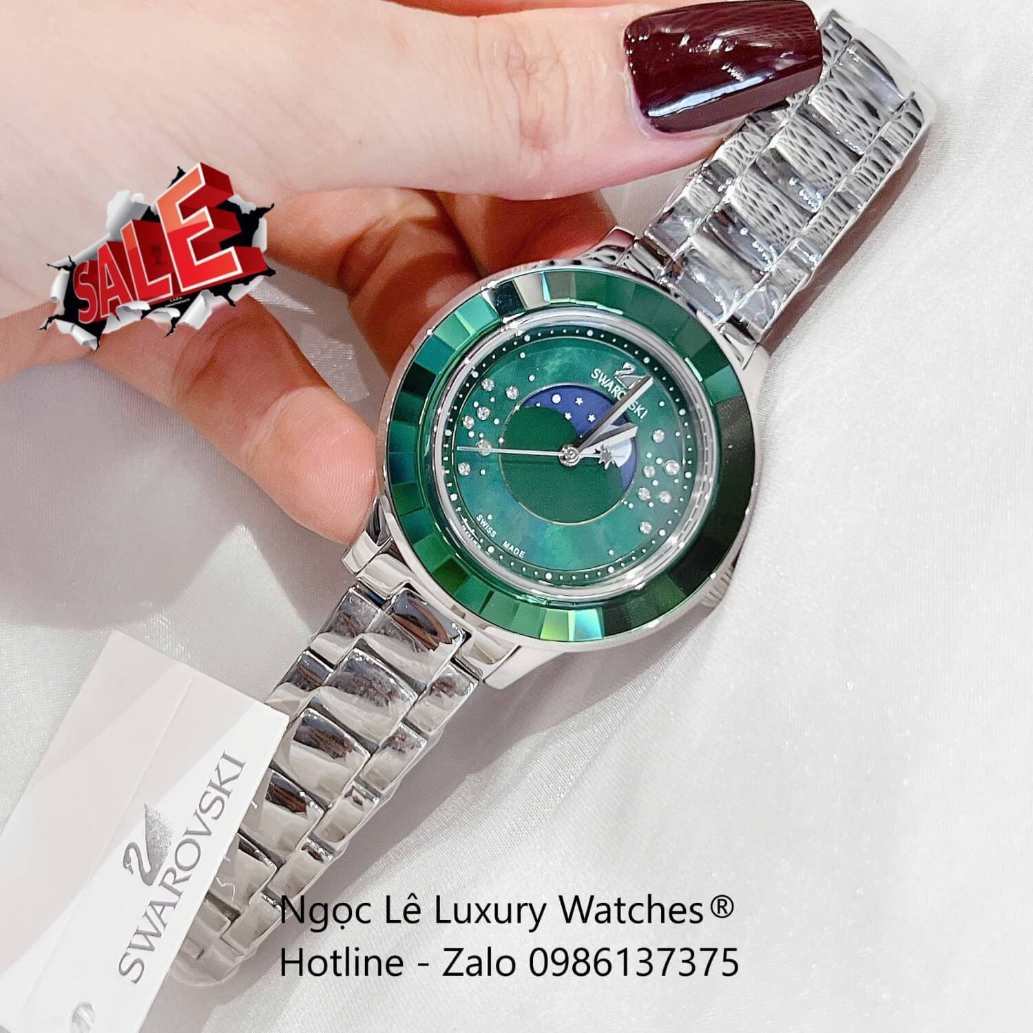 Đồng Hồ Nữ Swarovski Octea Lux Moon Dây Thép Silver Mặt Xà Cừ Viền Đá Pha Lê Xanh Ngọc Size 37mm