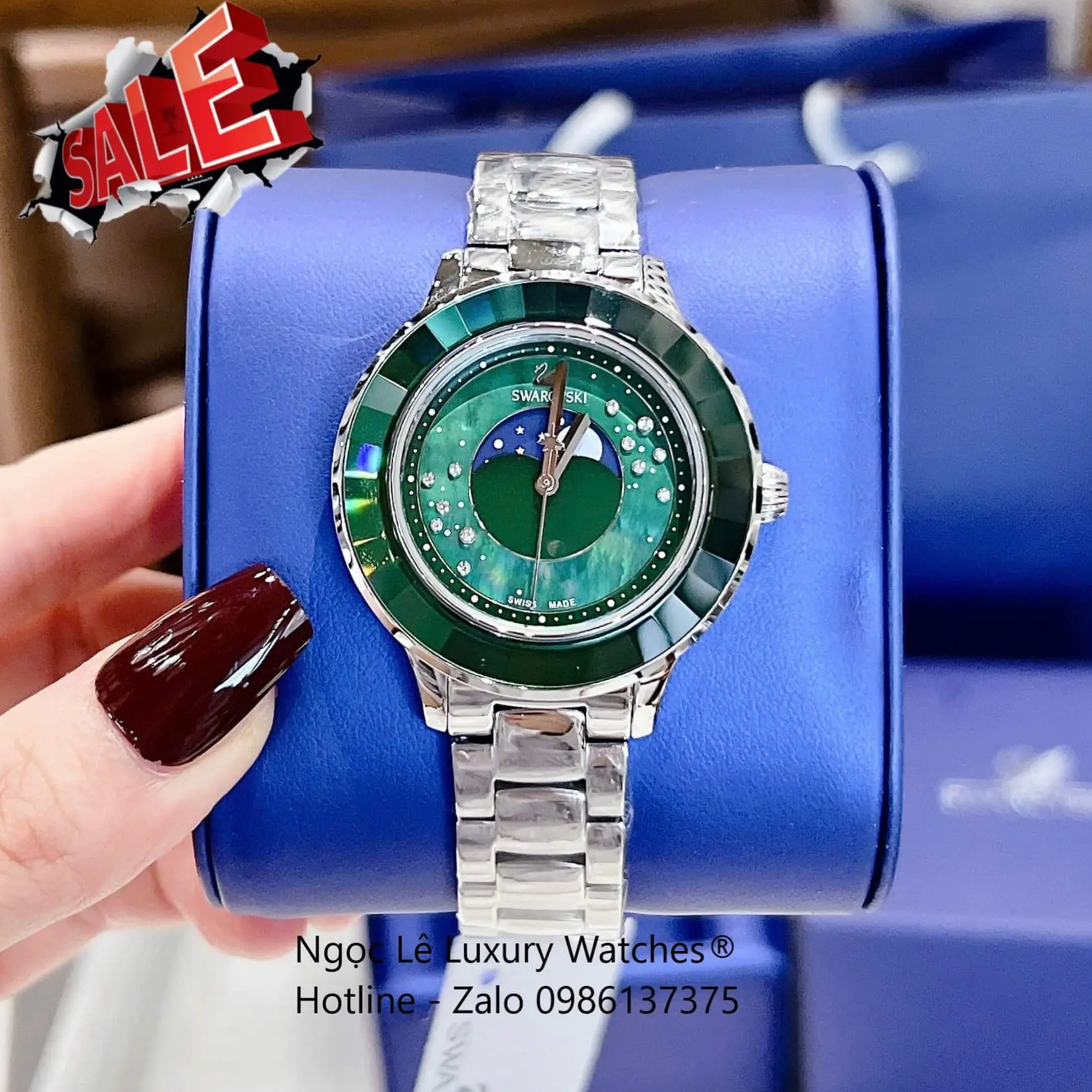 Đồng Hồ Nữ Swarovski Octea Lux Moon Dây Thép Silver Mặt Xà Cừ Viền Đá Pha Lê Xanh Lá Size 37mm