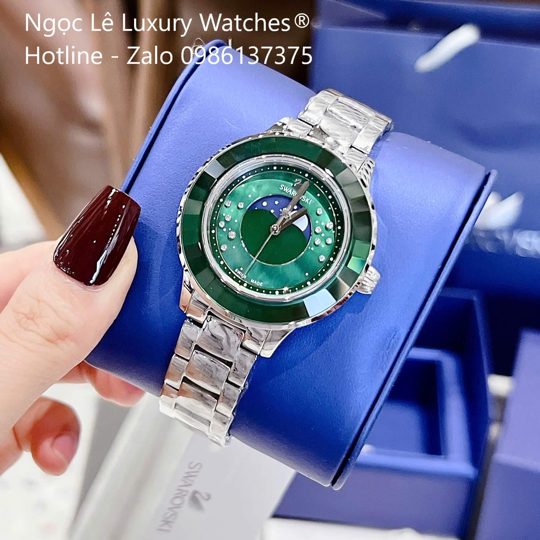 Đồng Hồ Nữ Swarovski Octea Lux Moon Dây Thép Silver Mặt Xà Cừ Viền Đá Pha Lê Xanh Ngọc Size 37mm