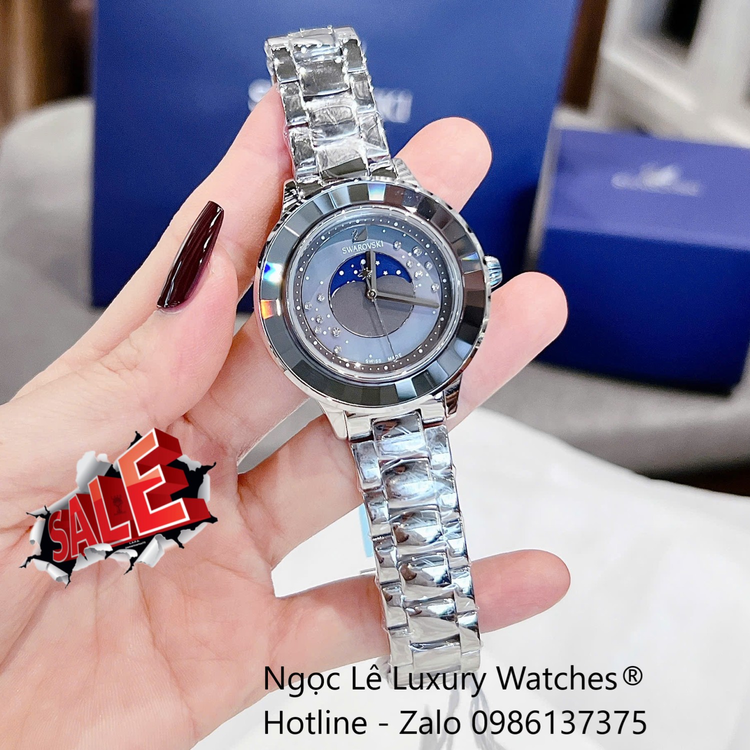 Đồng Hồ Nữ Swarovski Octea Lux Moon Dây Thép Silver Mặt Xà Cừ Viền Đá Pha Lê Trắng Size 37mm