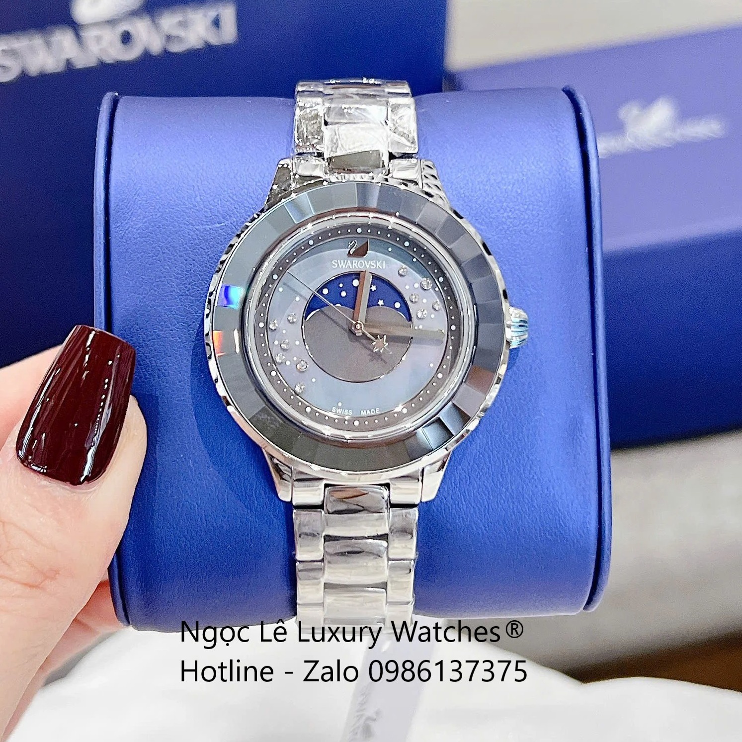 Đồng Hồ Nữ Swarovski Octea Lux Moon Dây Thép Silver Mặt Xà Cừ Viền Đá Pha Lê Trắng Size 37mm