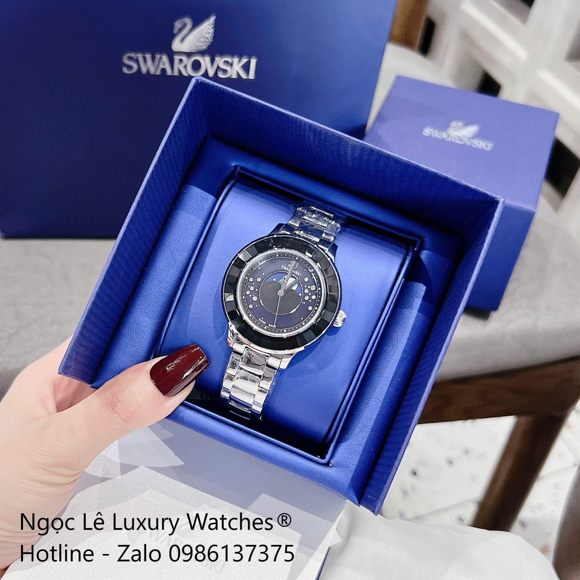 Đồng Hồ Nữ Swarovski Octea Lux Moon Dây Thép Silver Mặt Xà Cừ Viền Đá Pha Lê Đen Size 37mm