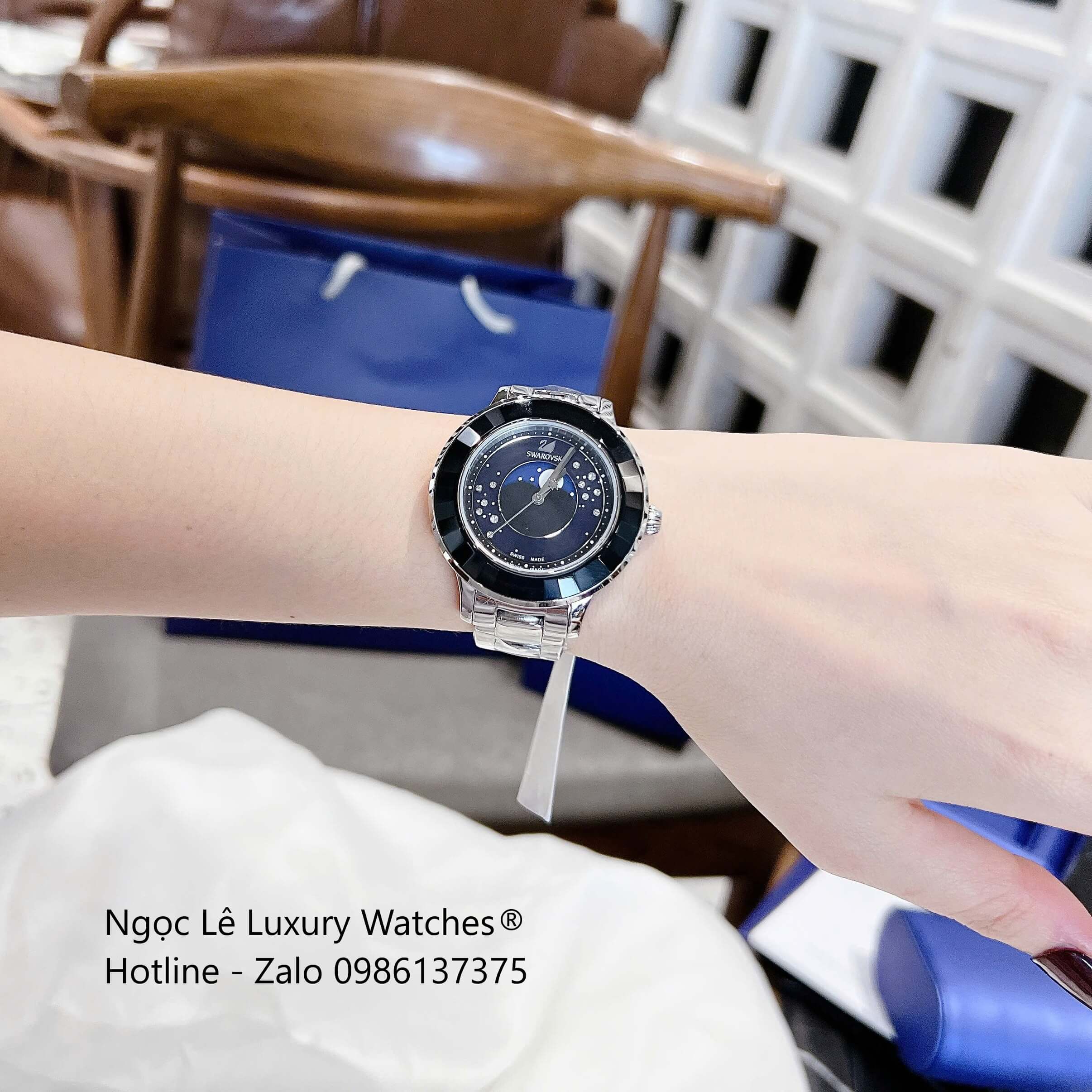 Đồng Hồ Nữ Swarovski Octea Lux Moon Dây Thép Silver Mặt Xà Cừ Viền Đá Pha Lê Đen Size 37mm