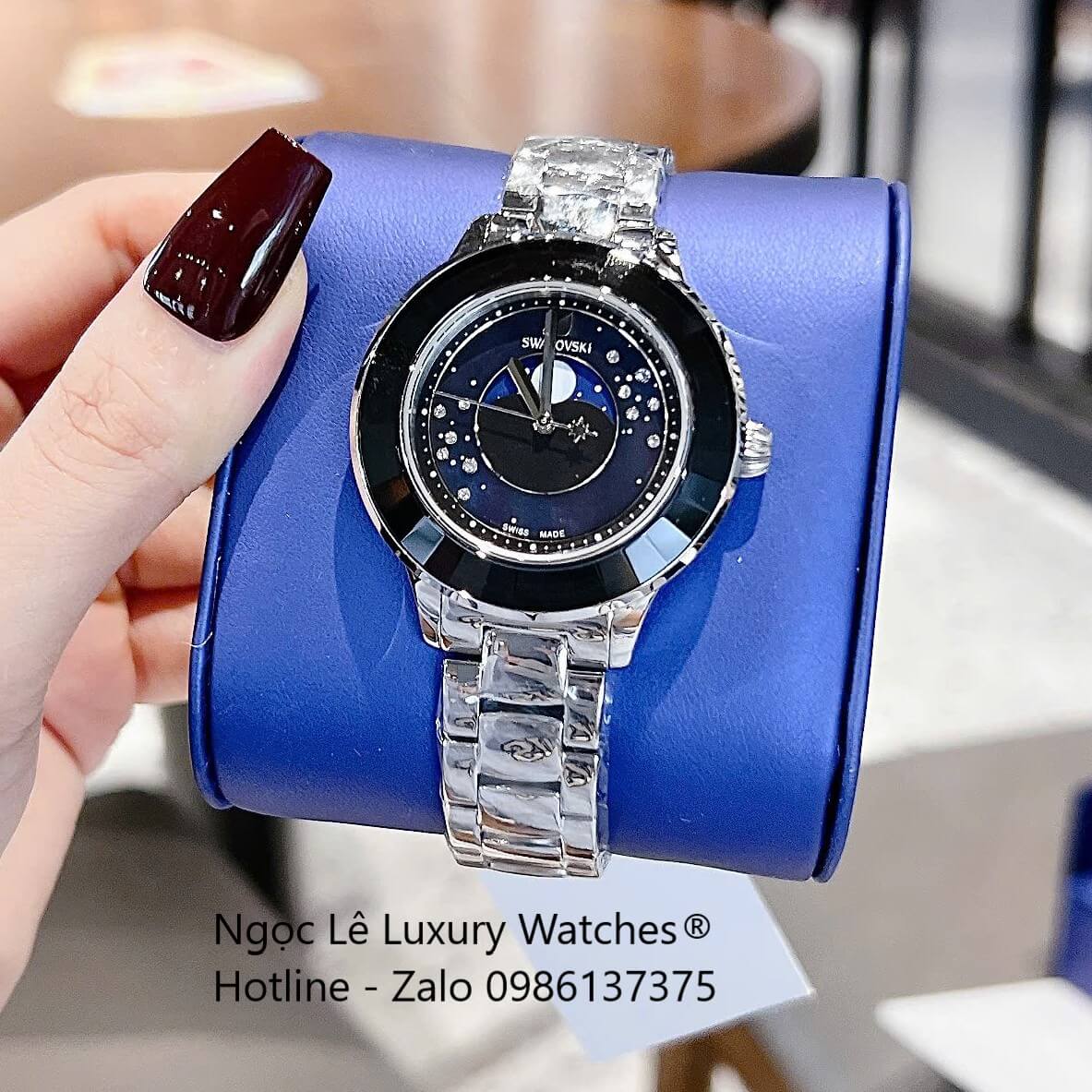 Đồng Hồ Nữ Swarovski Octea Lux Moon Dây Thép Silver Mặt Xà Cừ Viền Đá Pha Lê Đen Size 37mm