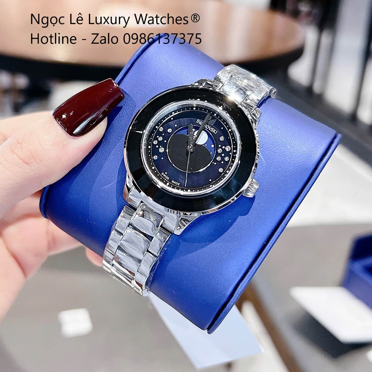 Đồng Hồ Nữ Swarovski Octea Lux Moon Dây Thép Silver Mặt Xà Cừ Viền Đá Pha Lê Đen Size 37mm