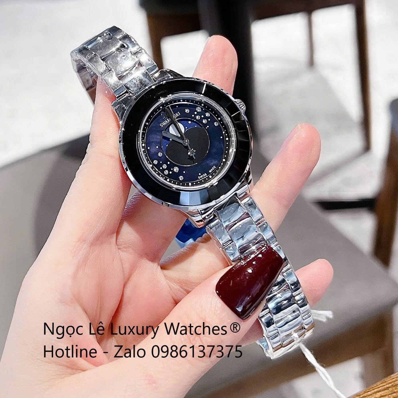 Đồng Hồ Nữ Swarovski Octea Lux Moon Dây Thép Silver Mặt Xà Cừ Viền Đá Pha Lê Đen Size 37mm