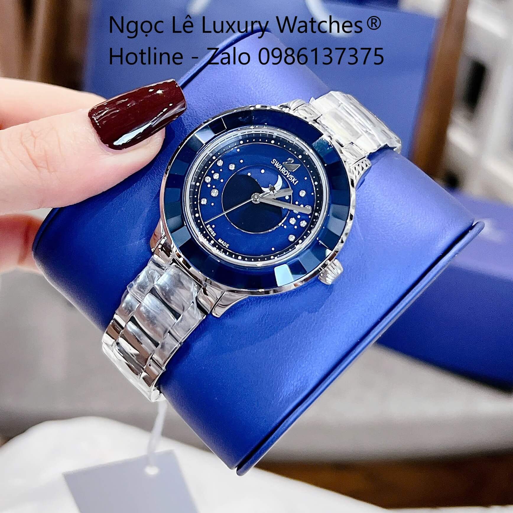 Đồng Hồ Nữ Swarovski Octea Lux Moon Dây Thép Silver Mặt Xà Cừ Viền Đá Pha Lê Xanh Dương Size 37mm