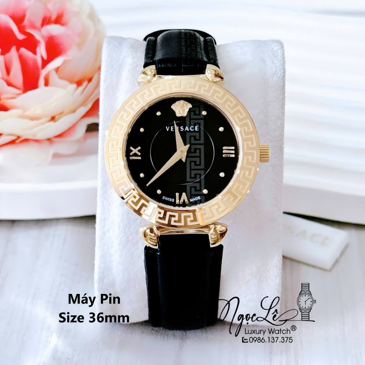 Đồng Hồ Cao Cấp Nữ - Đồng Hồ Versace Daphnis Dây Da Đen Mặt Đen Vỏ Vàng Size 36mm