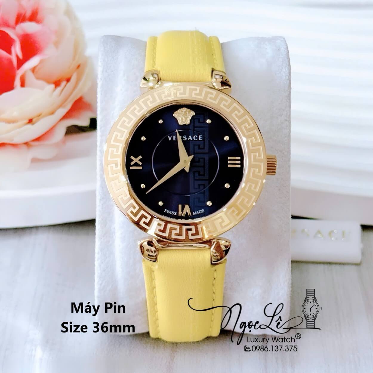 Đồng Hồ Cao Cấp Nữ - Đồng Hồ Versace Daphnis Dây Da Vàng Mặt Xanh Vỏ Gold Size 36mm