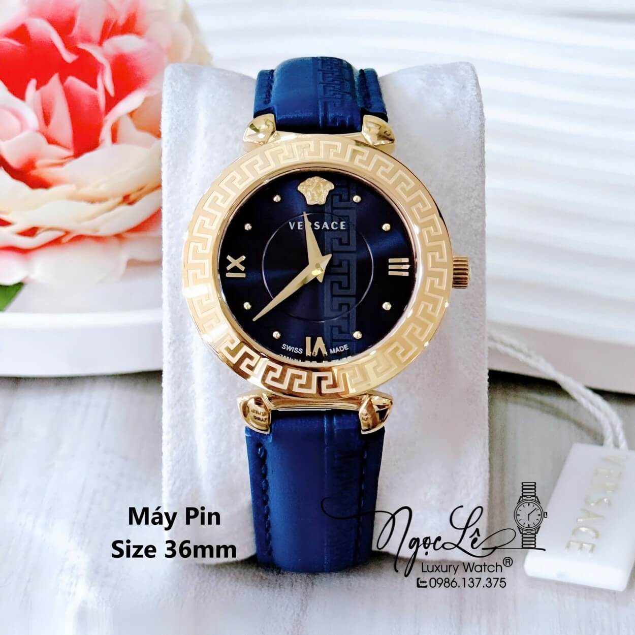 Đồng Hồ Cao Cấp Nữ - Đồng Hồ Versace Daphnis Dây Da Màu Xanh Coban Vỏ Vàng Size 36mm