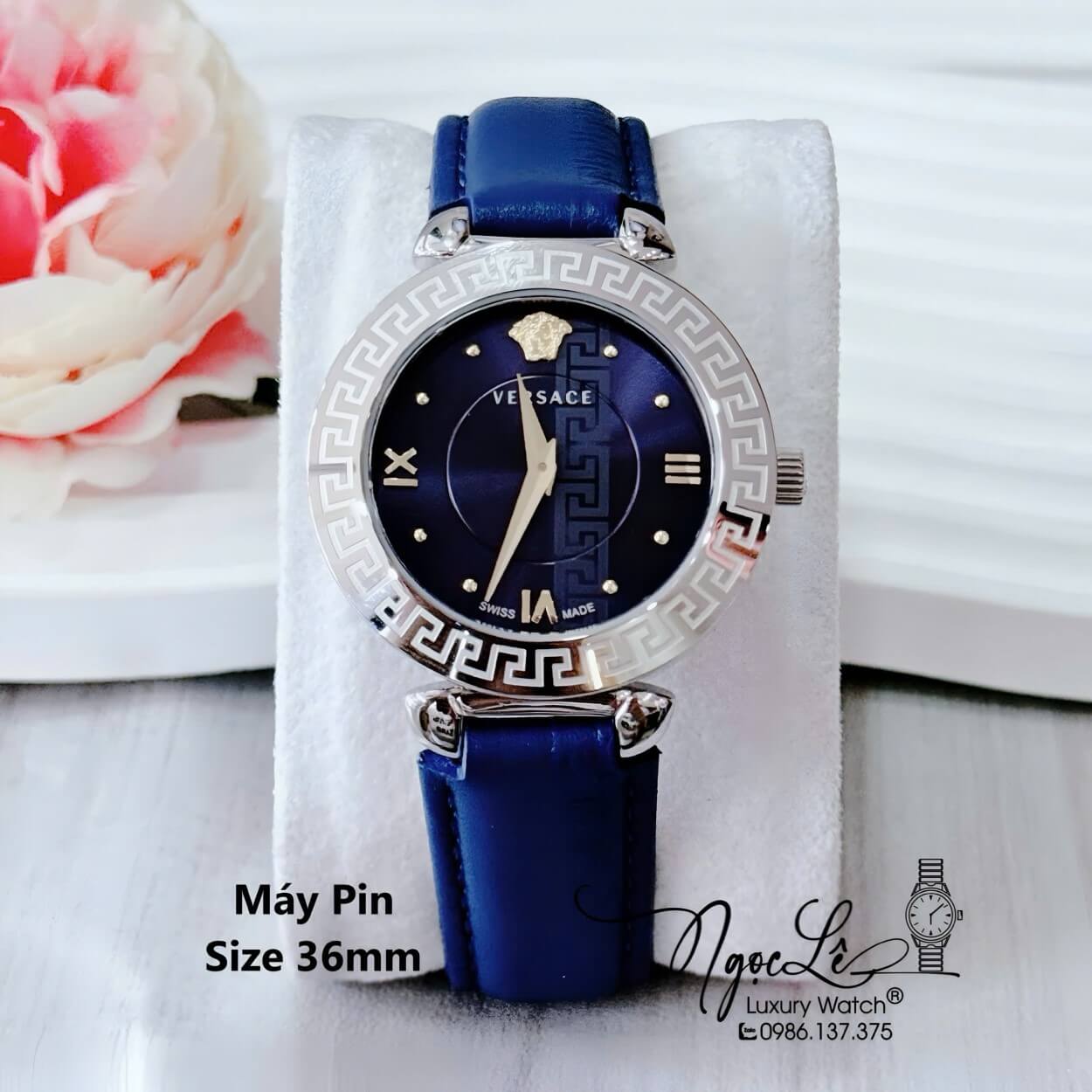 Đồng Hồ Cao Cấp Nữ - Đồng Hồ Versace Daphnis Dây Da Xanh Dương Vỏ Silver Size 36mm