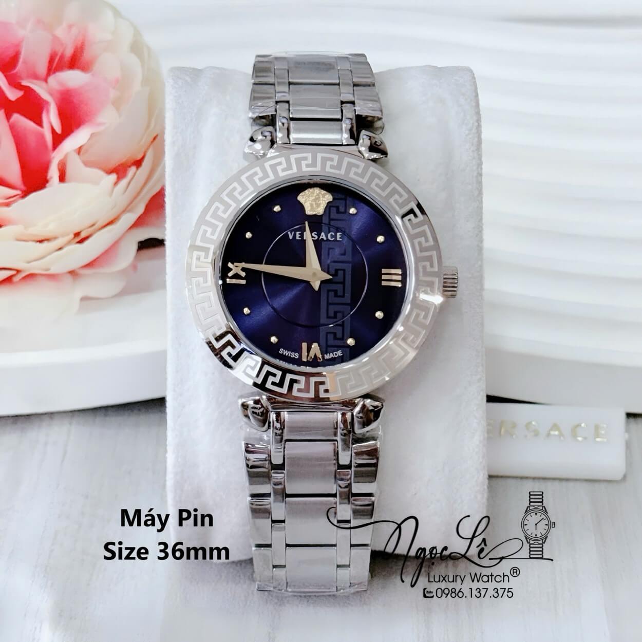 Đồng Hồ Cao Cấp Nữ - Đồng Hồ Versace Daphnis Dây Kim Loại Màu Bạc Mặt Xanh Coban Size 35mm