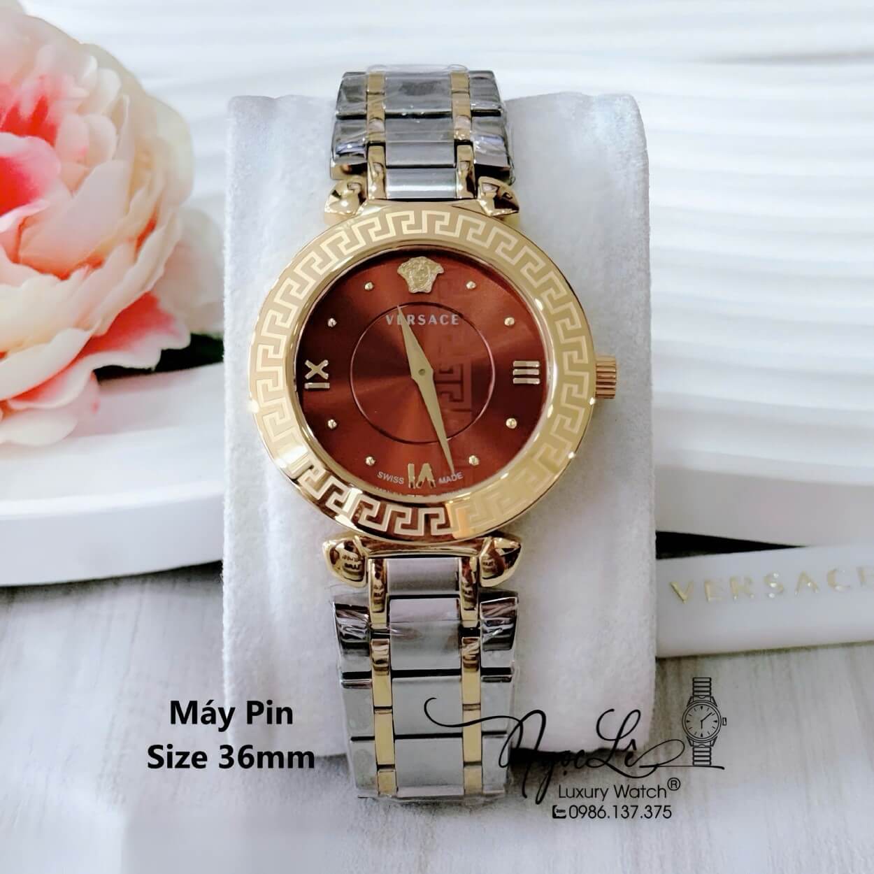 Đồng Hồ Cao Cấp Nữ - Đồng Hồ Versace Daphnis Dây Kim Loại Demi Vàng Mặt Nâu Size 35mm