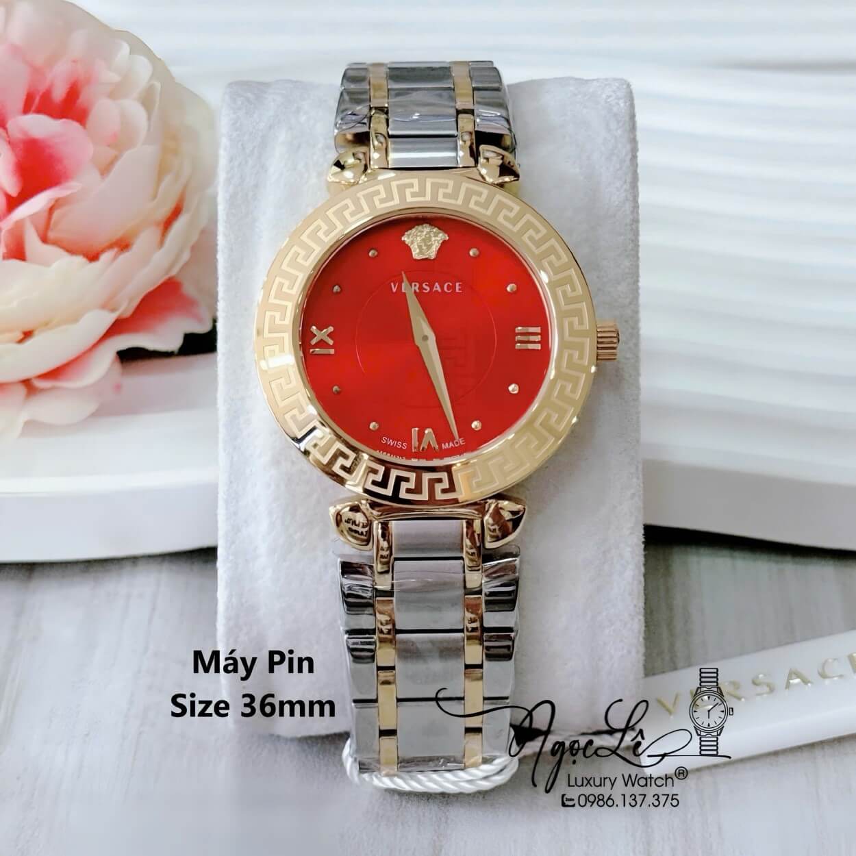 Đồng Hồ Cao Cấp Nữ - Đồng Hồ Versace Daphnis Dây Kim Loại Demi Vàng Mặt Đỏ Size 35mm