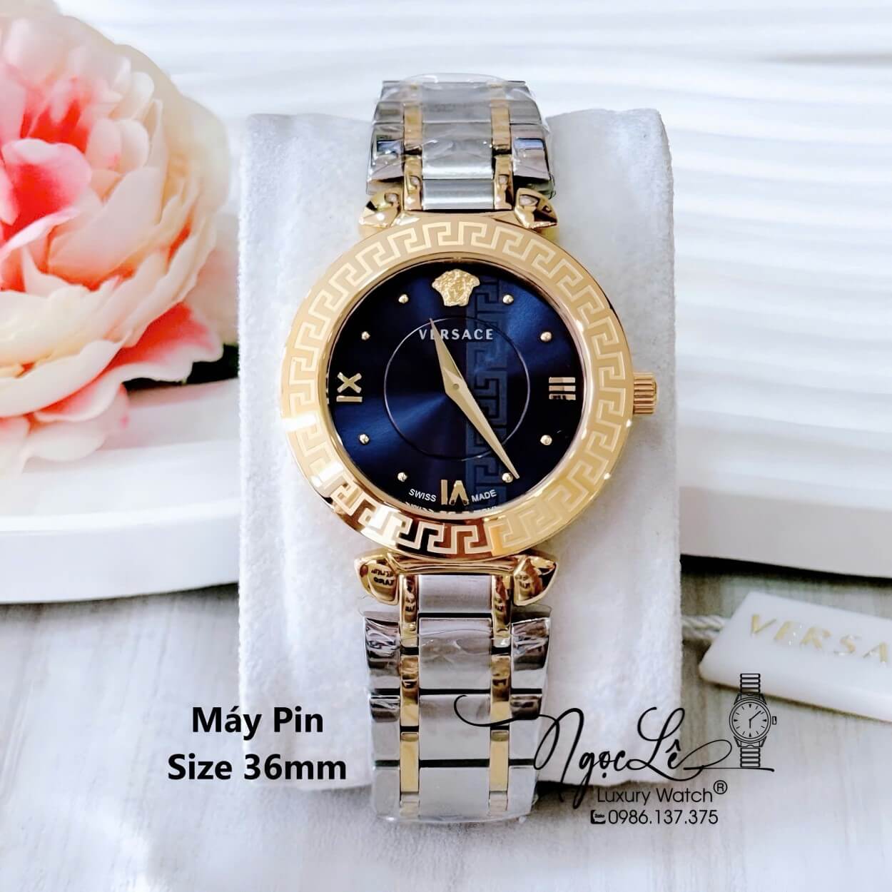 Đồng Hồ Cao Cấp Nữ - Đồng Hồ Versace Daphnis Dây Kim Loại Demi Vàng Mặt Xanh Coban Size 35mm
