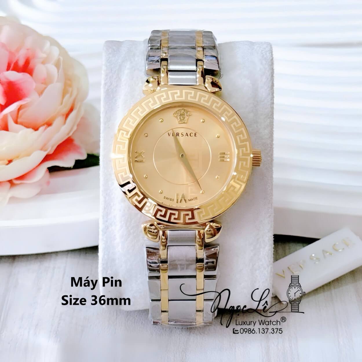 Đồng Hồ Cao Cấp Nữ - Đồng Hồ Versace Daphnis Dây Kim Loại Demi Vàng Mặt Vàng Size 35mm