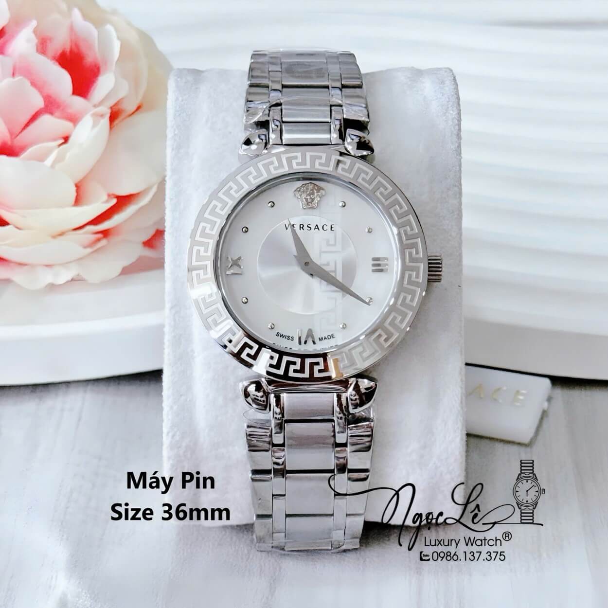 Đồng Hồ Cao Cấp Nữ - Đồng Hồ Versace Daphnis Dây Kim Loại Màu Bạc Mặt Trắng Size 35mm