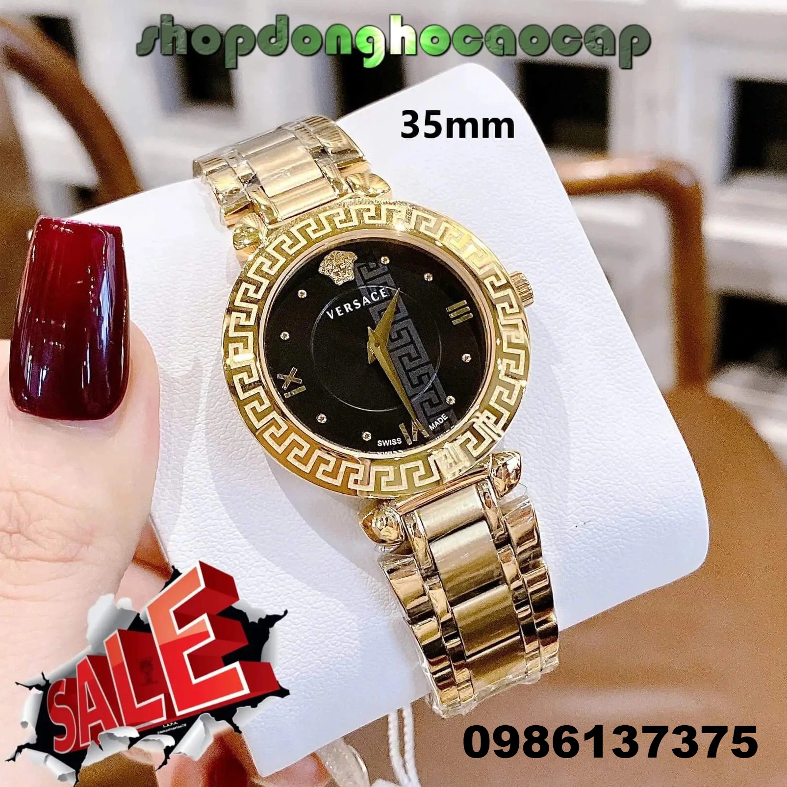 Đồng Hồ Nữ Versace Daphnis Dây Kim Loại Vàng Mặt Đen Size 35mm – Máy Pin Thụy Sĩ | New Season