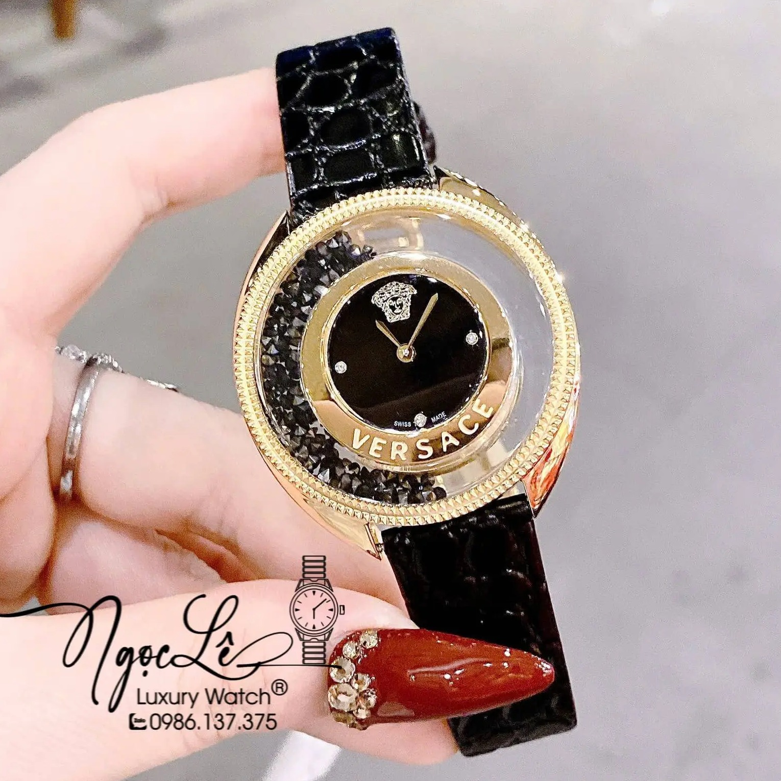 Đồng Hồ Nữ Versace Destiny Dây Da Đen Vỏ Màu Vàng Gold Size 36mm Máy Thụy Sĩ