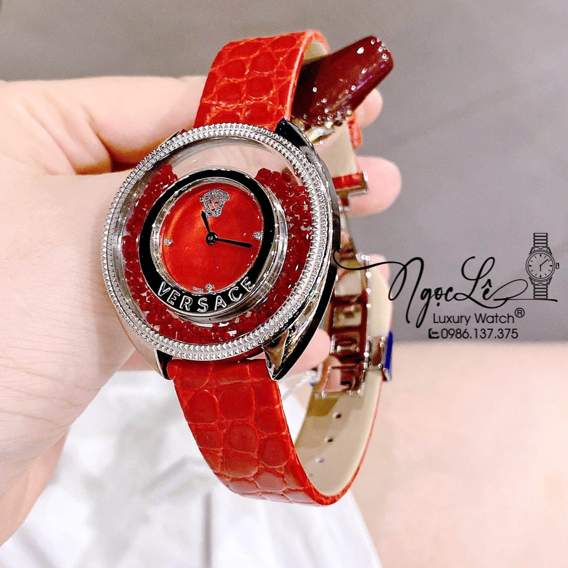 Đồng Hồ Nữ Versace Destiny Dây Da Đỏ Vỏ Màu Silver Size 36mm Máy Thụy Sĩ