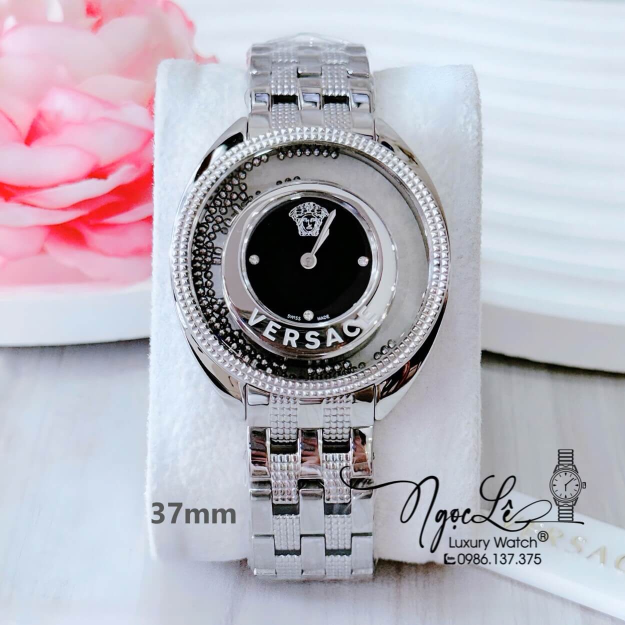 Đồng Hồ Nữ Versace Destiny Dây Kim Loại Silver Mặt Đen Dáng Oval Size 37mm