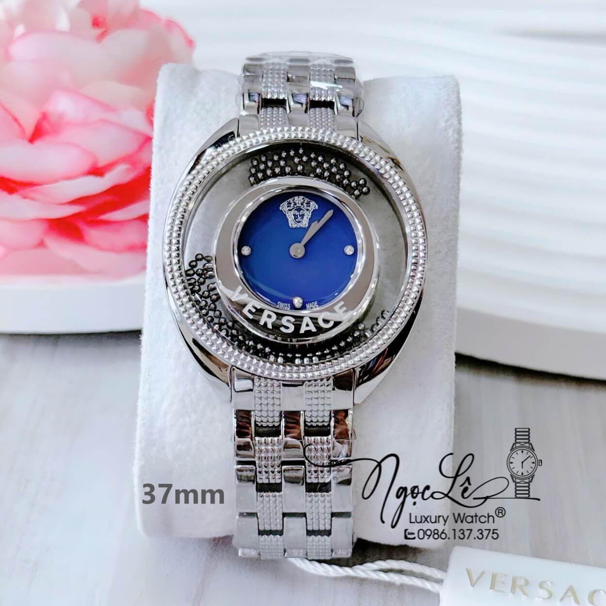 Đồng Hồ Nữ Versace Destiny Dây Kim Loại Silver Mặt Xanh Dương Dáng Oval Size 37mm