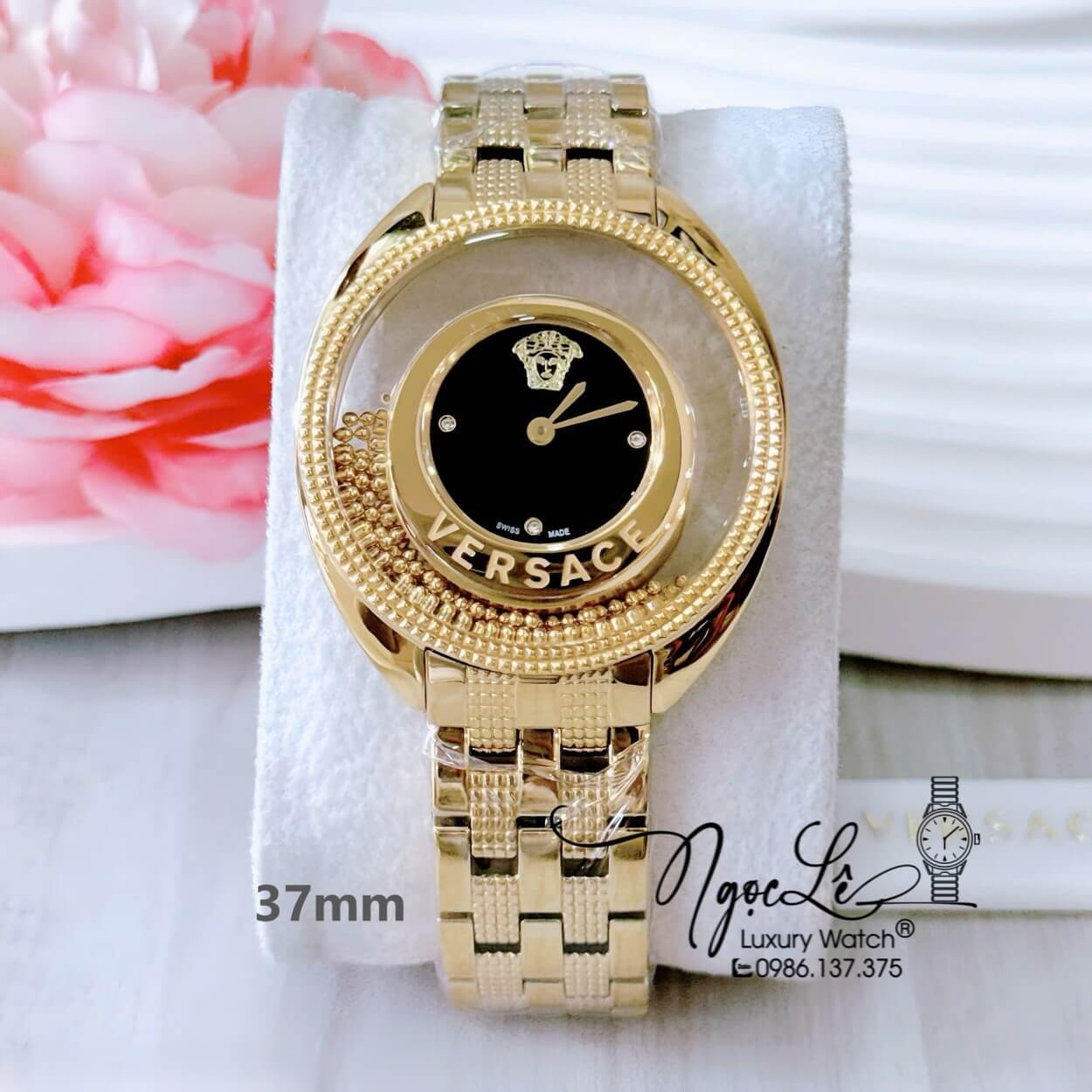 Đồng Hồ Nữ Versace Destiny Dây Kim Loại Vàng Gold Mặt Đen Dáng Oval Size 37mm