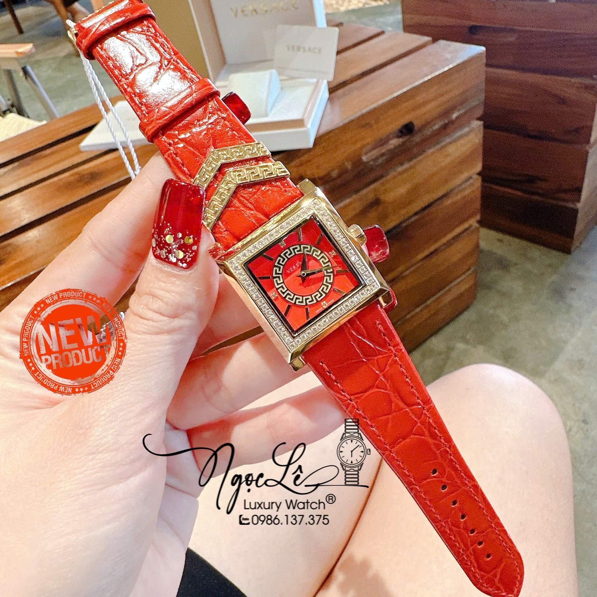 Đồng Hồ Nữ Versace DV-25 Dây Da Đỏ Mặt Vuông Size 36mm Đính Đá