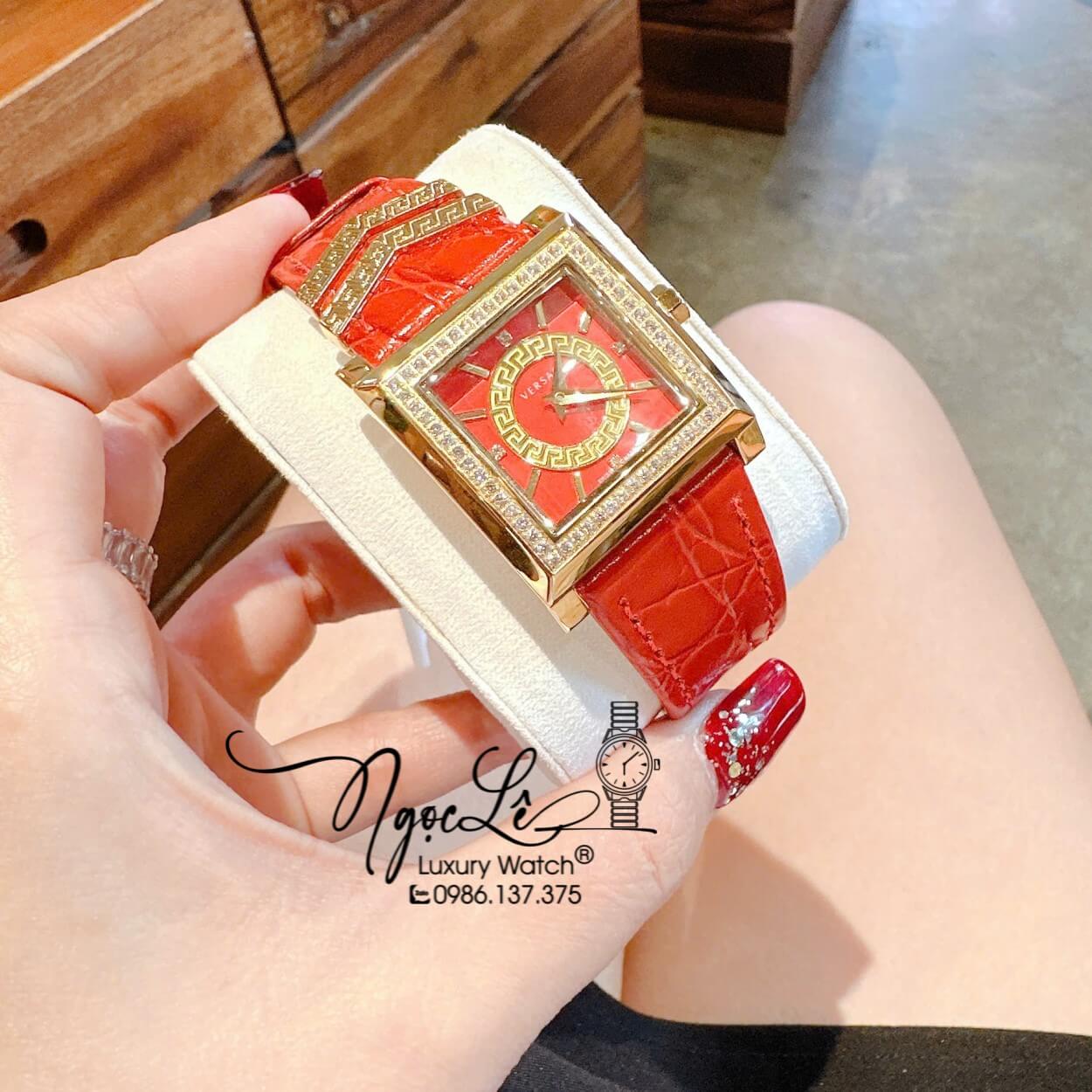 Đồng Hồ Nữ Versace DV-25 Dây Da Đỏ Mặt Vuông Size 36mm Đính Đá