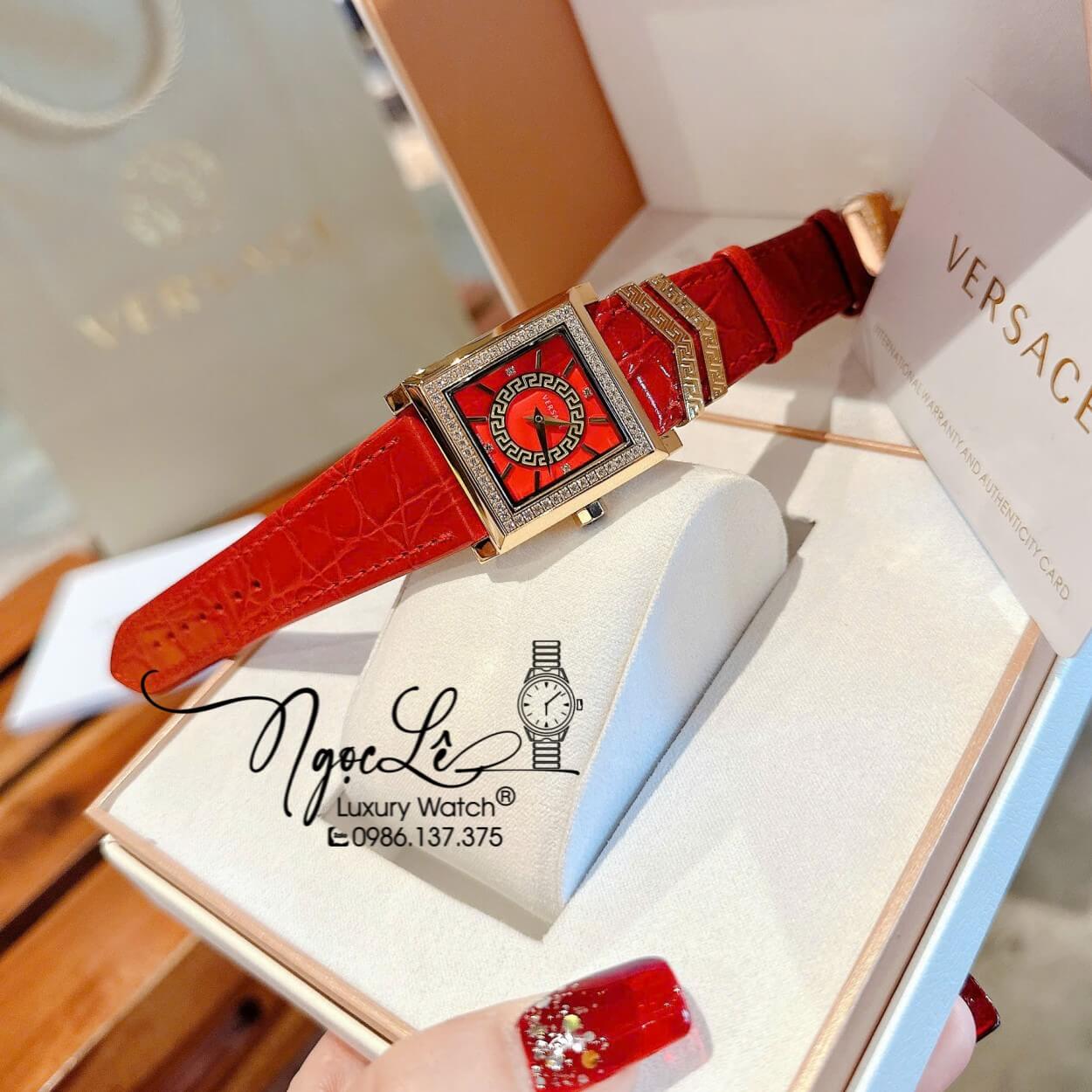 Đồng Hồ Nữ Versace DV-25 Dây Da Đỏ Mặt Vuông Size 36mm Đính Đá