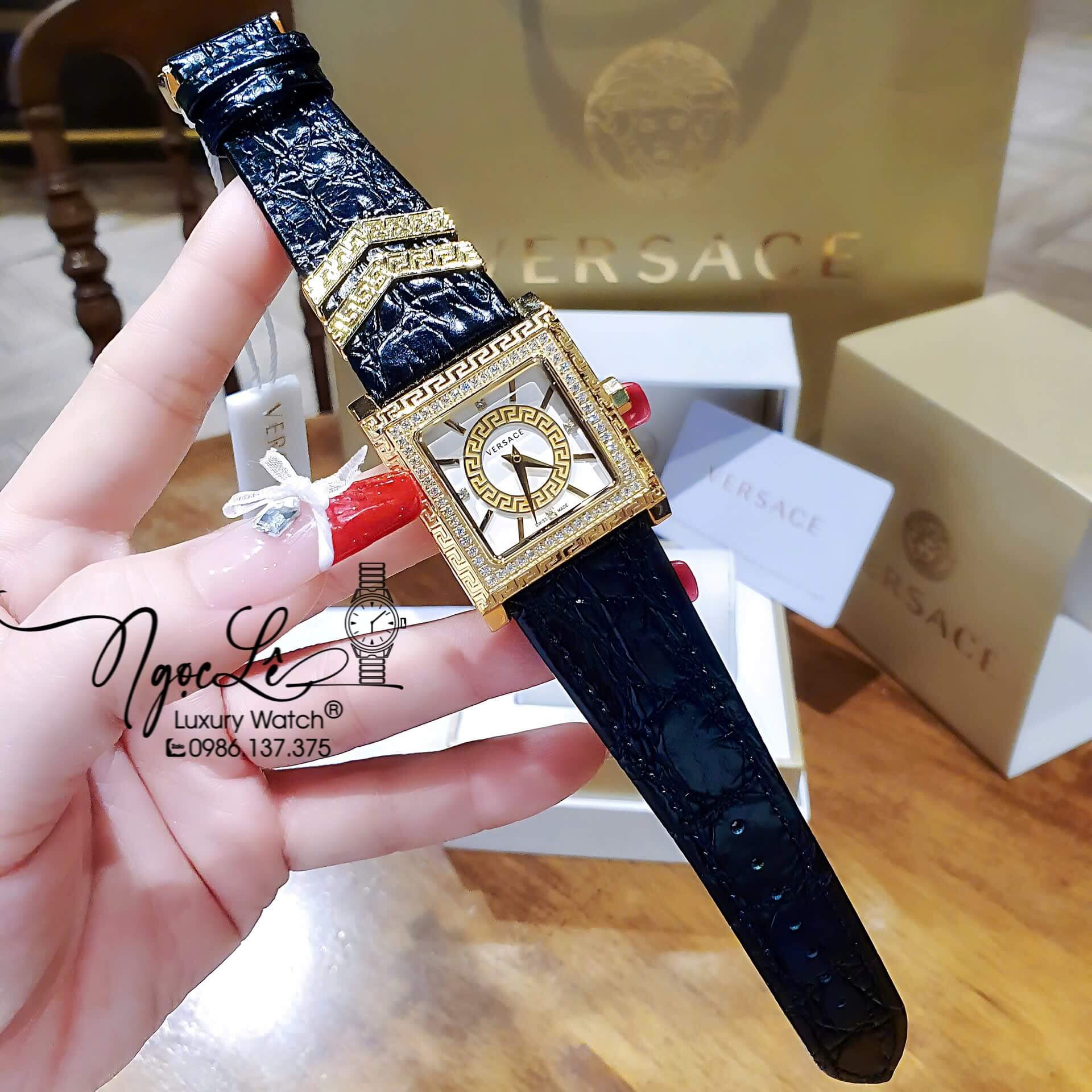 Đồng Hồ Nữ Versace DV-25 Mặt Vuông Máy Thụy Sỹ Dây Da Đen Mặt Trắng Size 36mm Đính Đá