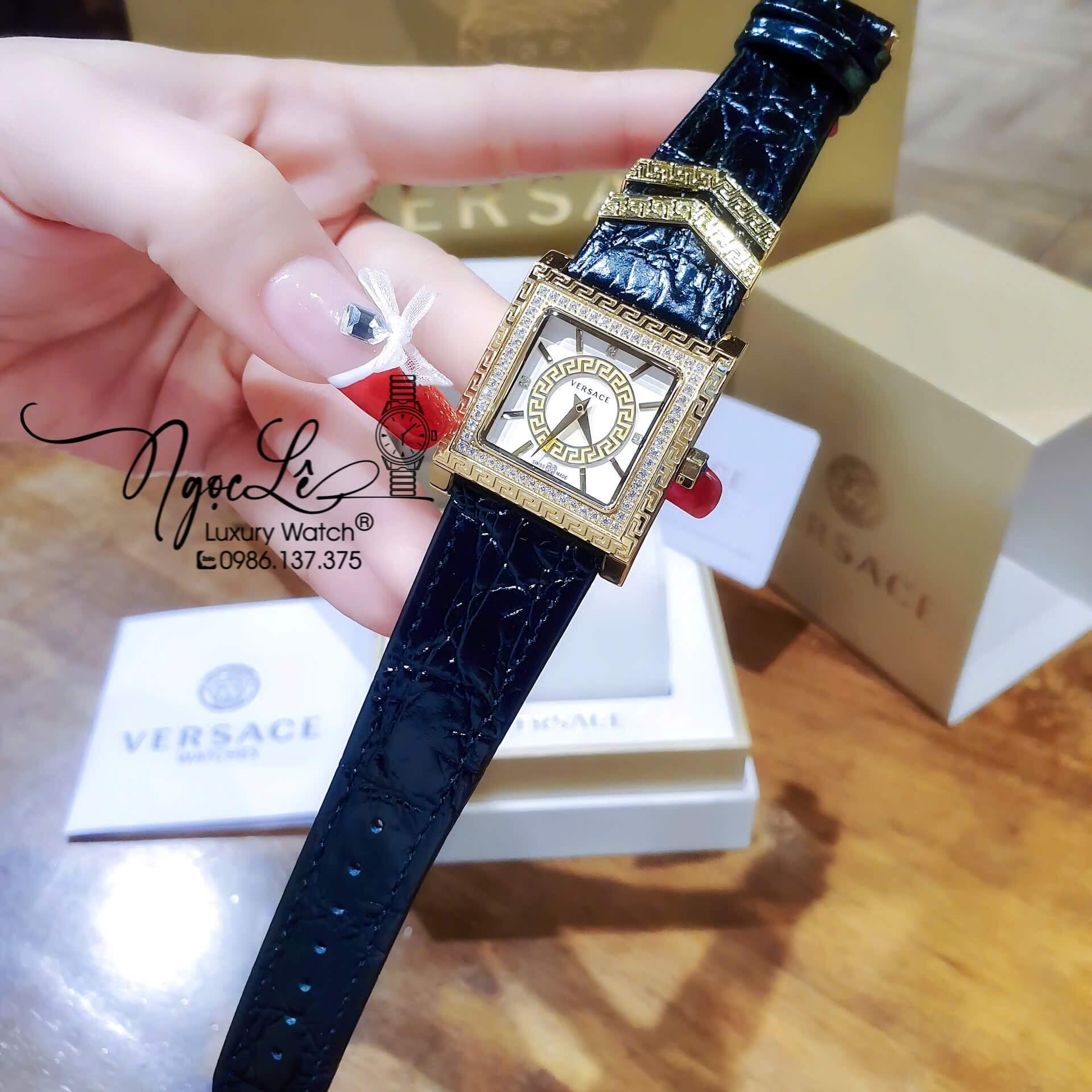 Đồng Hồ Nữ Versace DV-25 Mặt Vuông Máy Thụy Sỹ Dây Da Đen Mặt Trắng Size 36mm Đính Đá