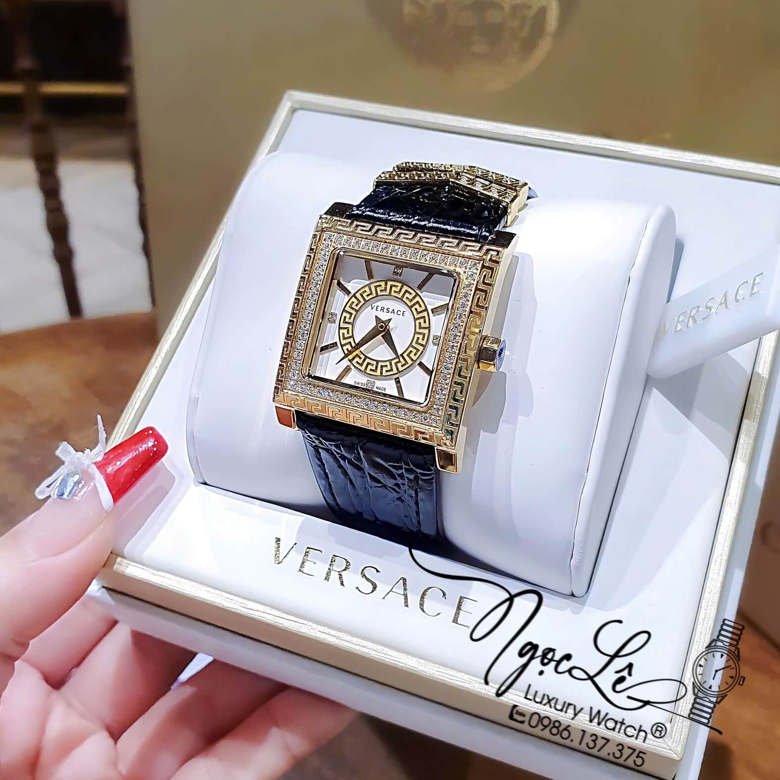 Đồng Hồ Nữ Versace DV-25 Mặt Vuông Máy Thụy Sỹ Dây Da Đen Mặt Trắng Size 36mm Đính Đá
