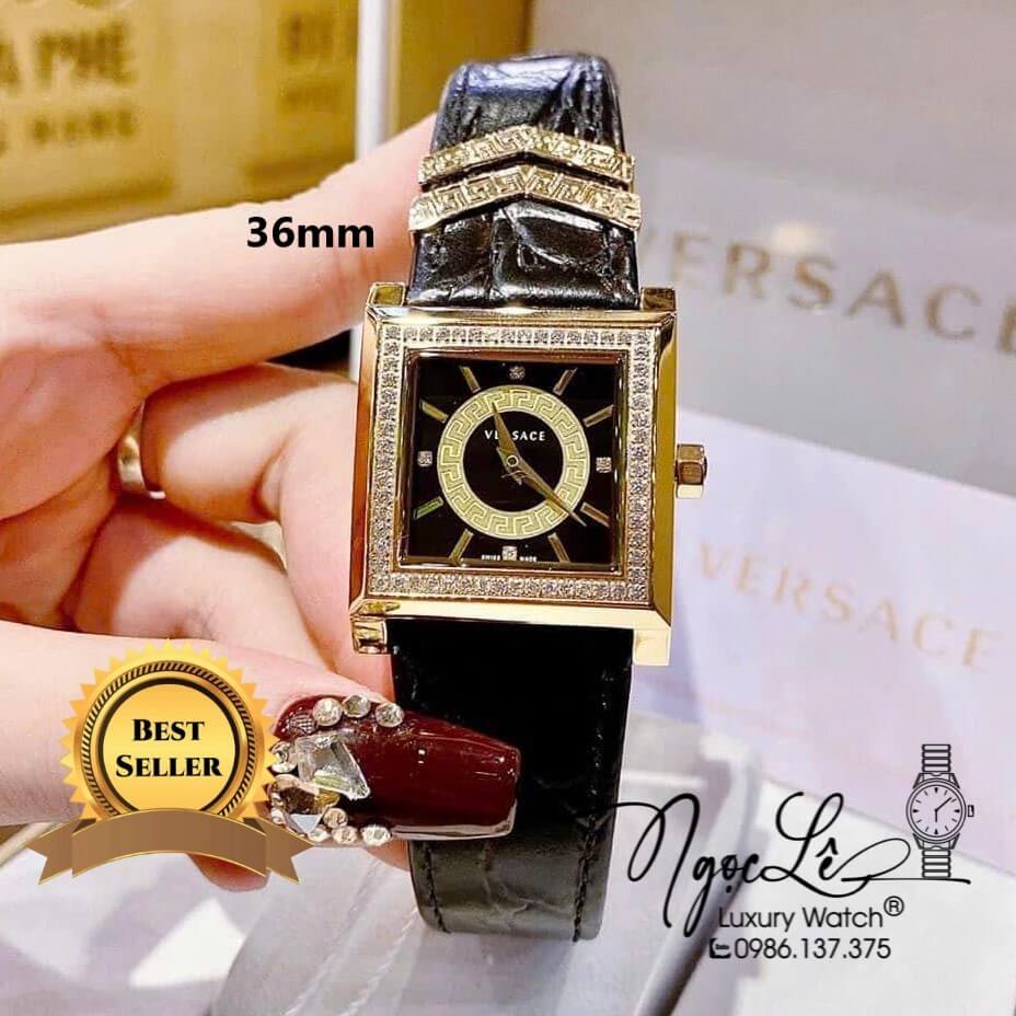 Đồng Hồ Nữ Versace DV-25 Mặt Vuông Máy Thụy Sỹ Dây Da Đen Mặt Đen Size 36mm Đính Đá