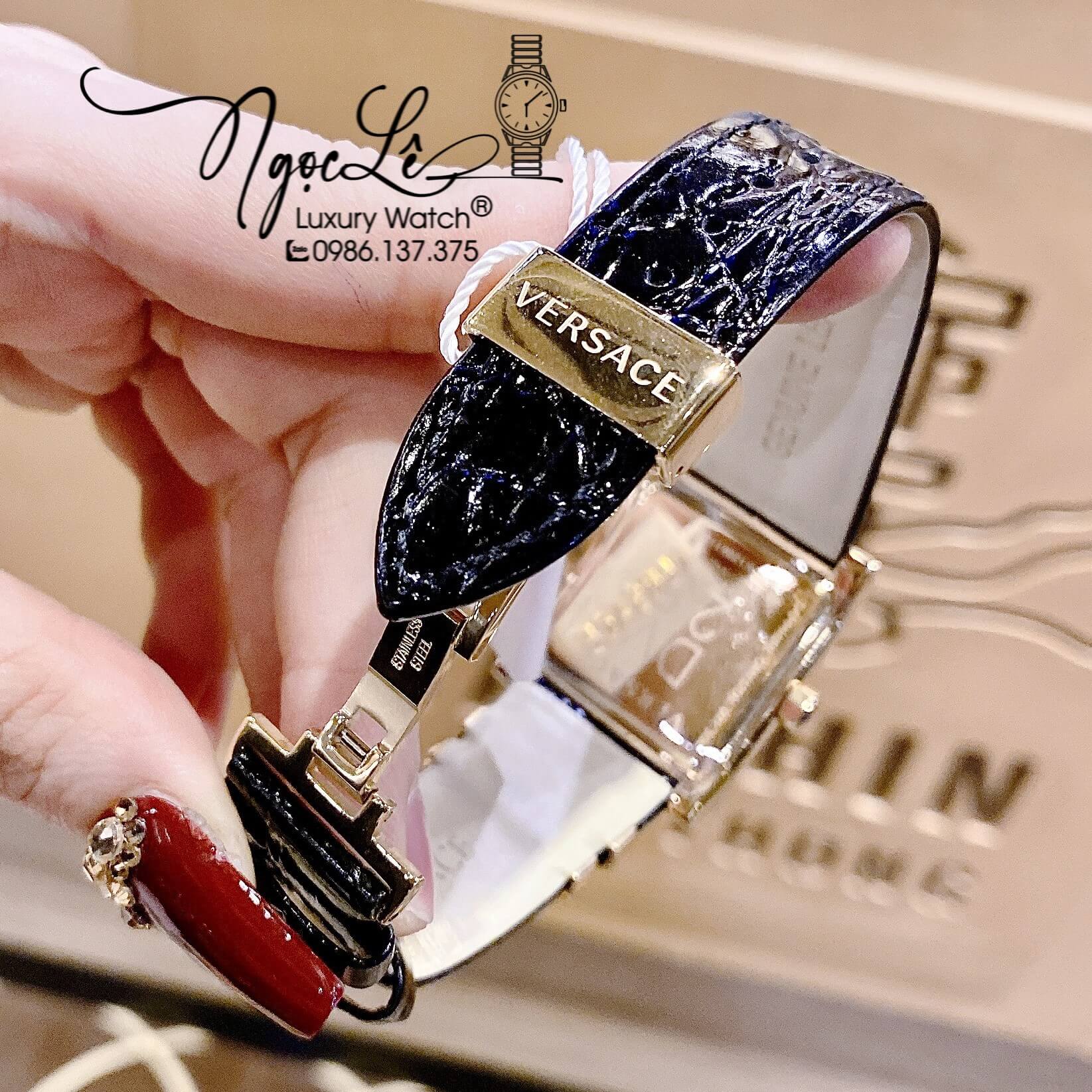 Đồng Hồ Nữ Versace DV-25 Mặt Vuông Máy Thụy Sỹ Dây Da Đen Mặt Trắng Size 36mm Đính Đá