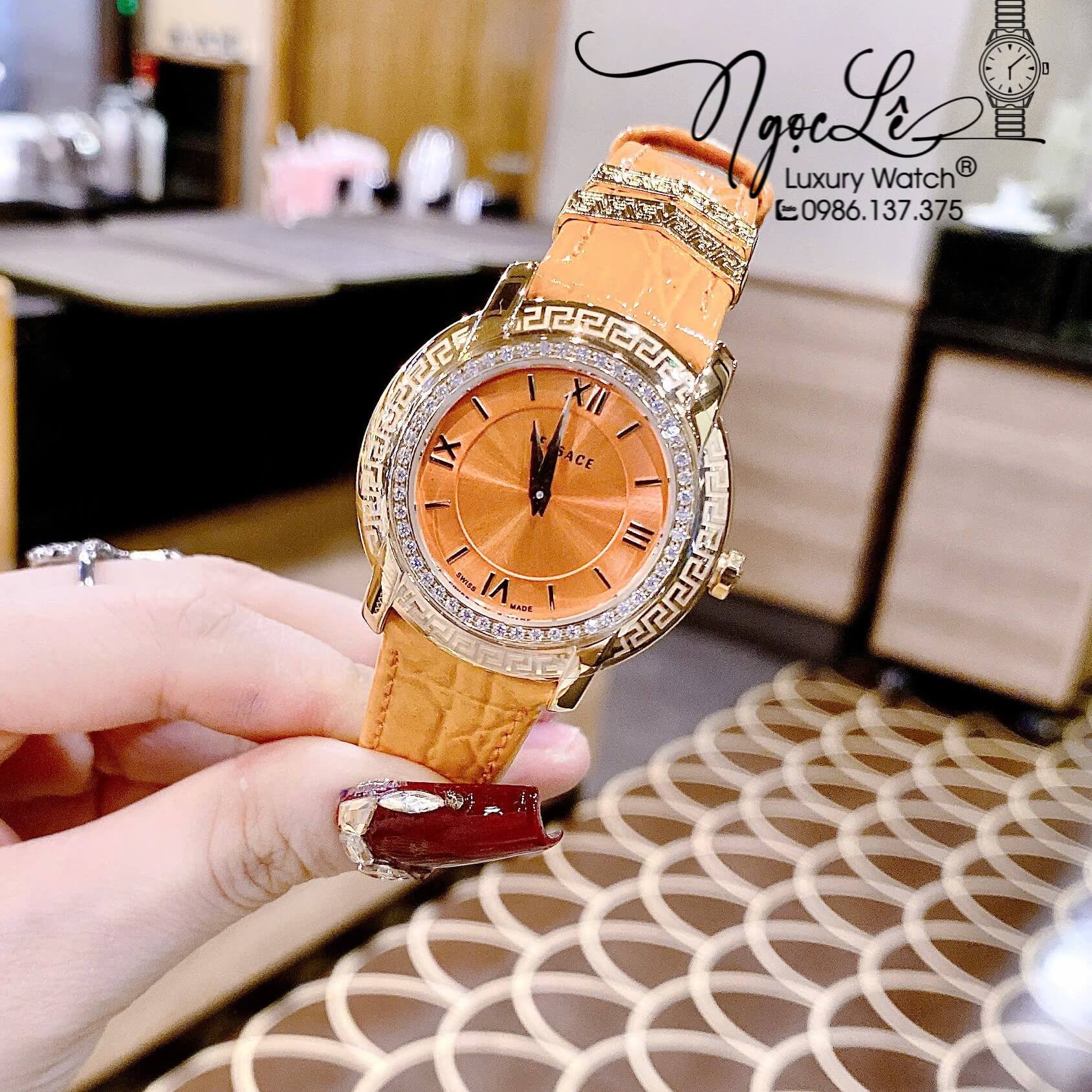 Đồng Hồ Nữ Versace DV-25 Máy Thụy Sỹ Dây Da Màu Cam Size 36mm Đính Đá
