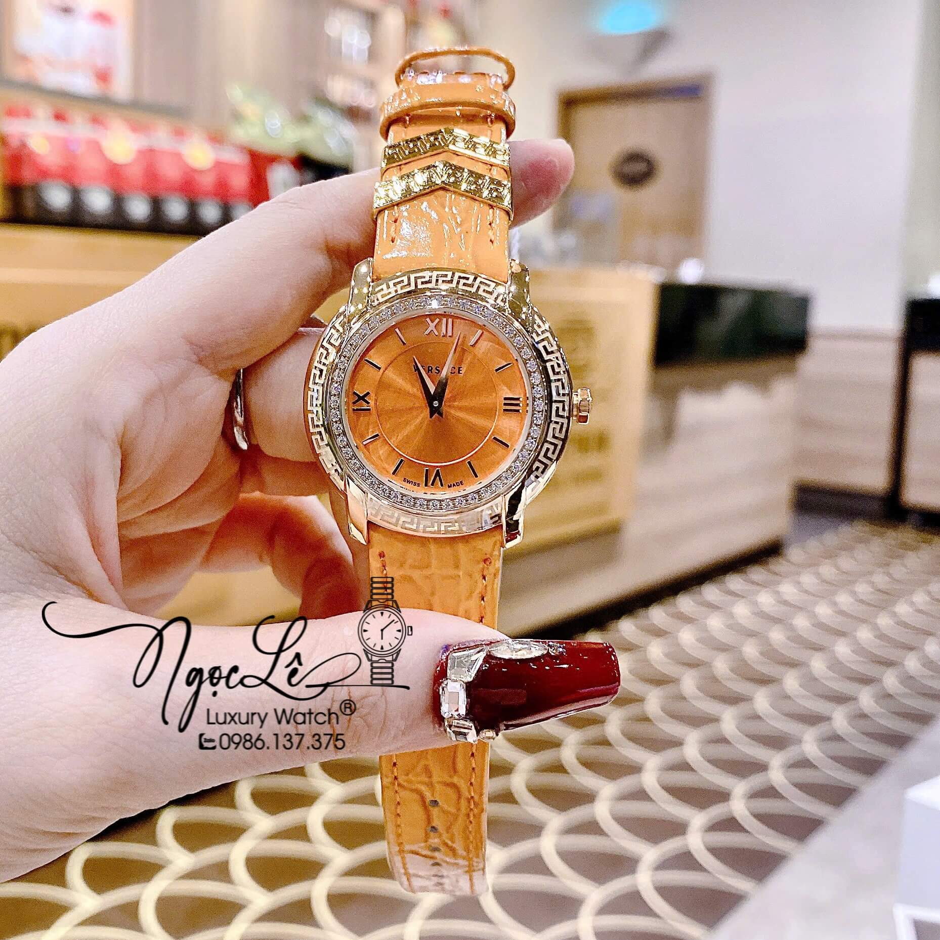 Đồng Hồ Nữ Versace DV-25 Máy Thụy Sỹ Dây Da Màu Cam Size 36mm Đính Đá