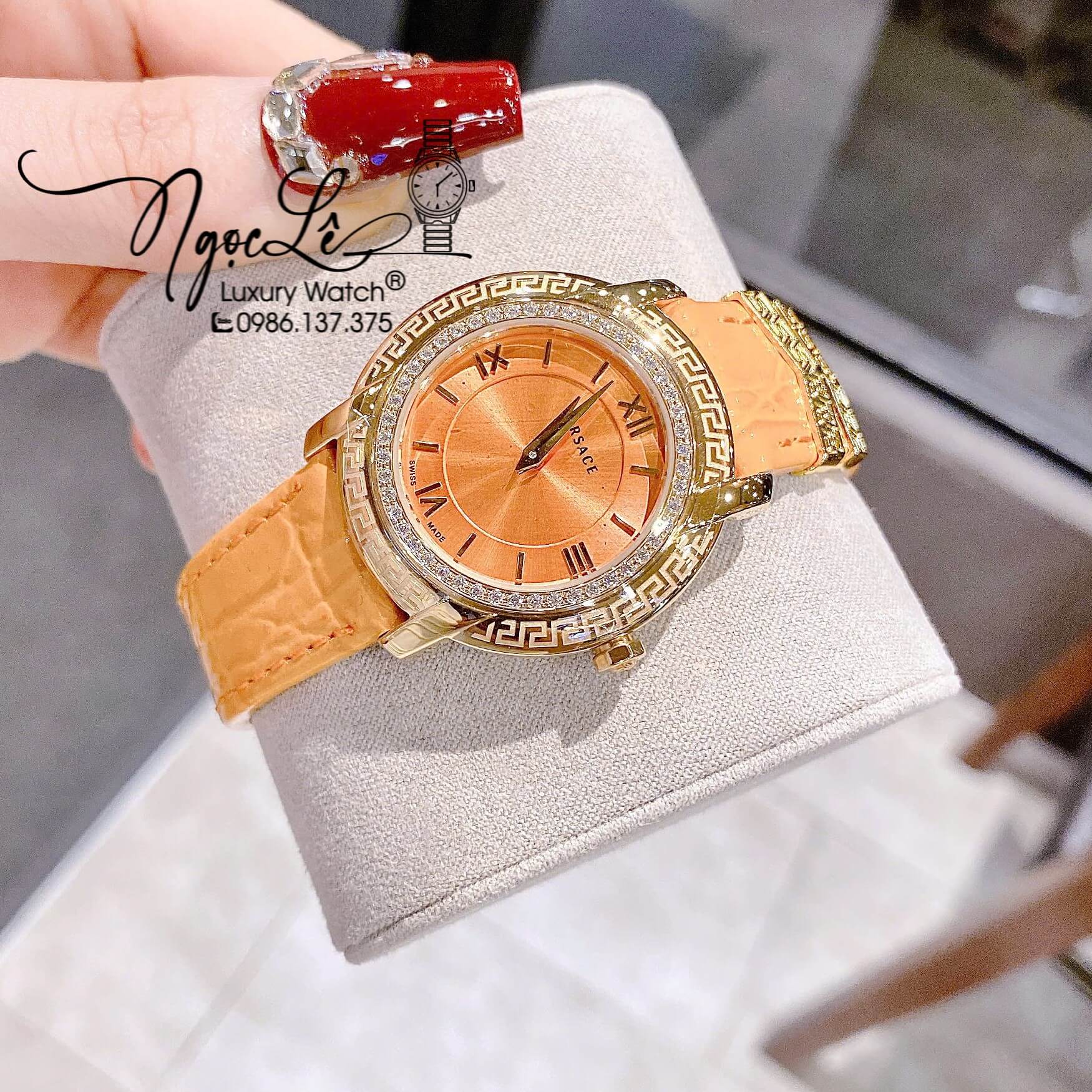 Đồng Hồ Nữ Versace DV-25 Máy Thụy Sỹ Dây Da Màu Cam Size 36mm Đính Đá