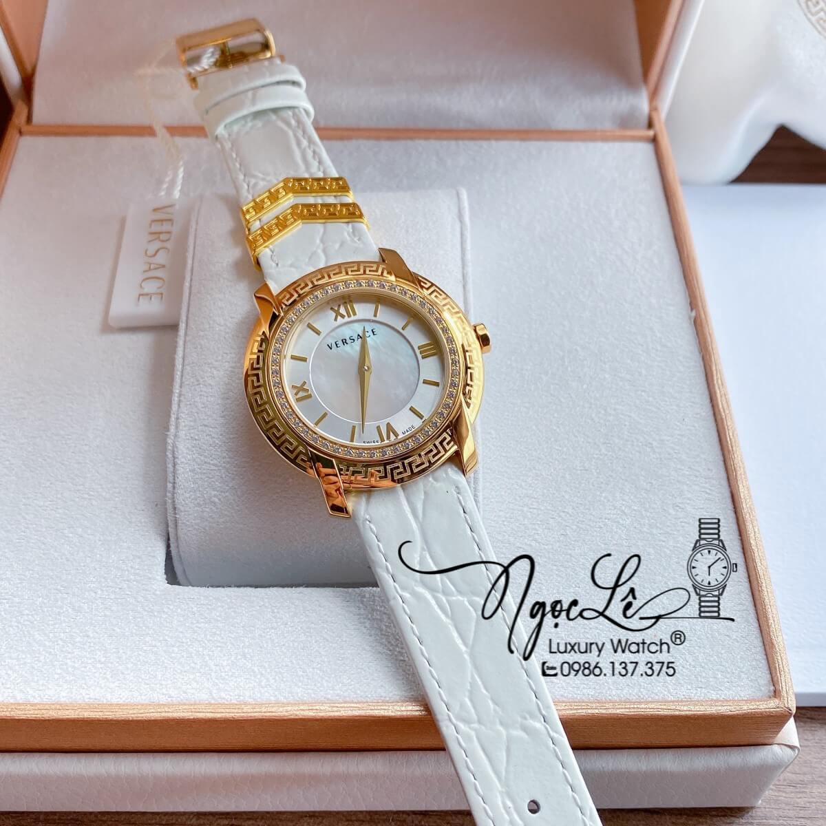 Đồng Hồ Nữ Versace DV-25 Máy Thụy Sỹ Dây Da Màu Trắng Size 36mm Đính Đá