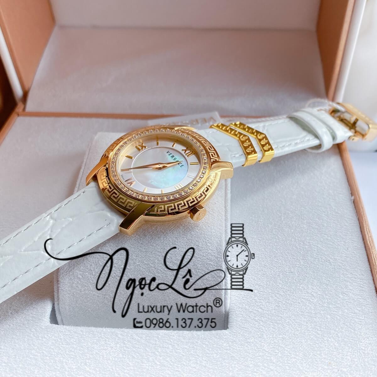 Đồng Hồ Nữ Versace DV-25 Máy Thụy Sỹ Dây Da Màu Trắng Size 36mm Đính Đá
